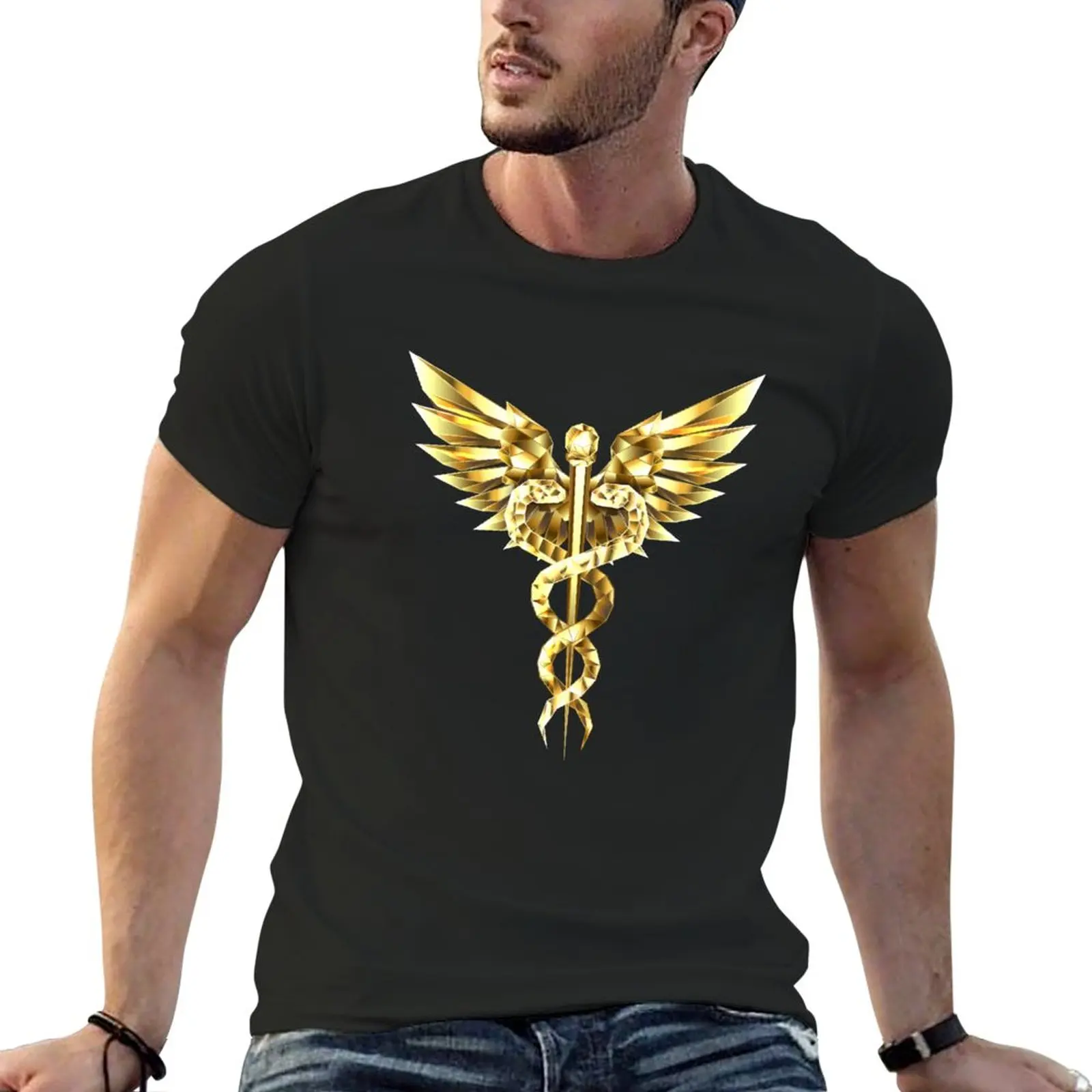 Gold Polygonal Symbol Caduceus T-Shirt oversized t shirts summer tops anime clothes mens t shirts