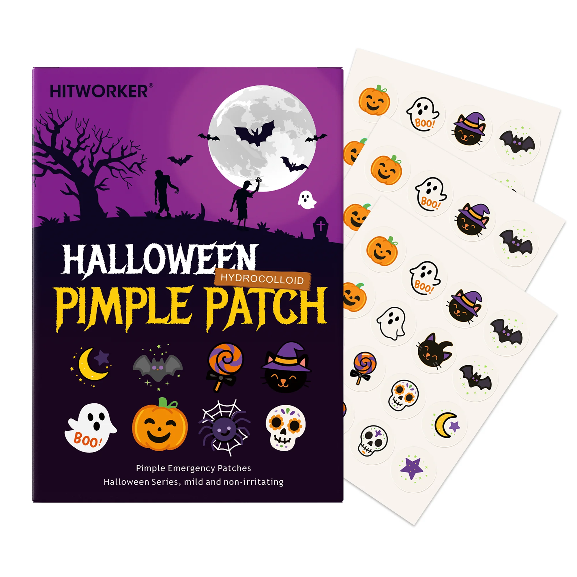 80 قطعة من رقع حب الشباب ذات طابع الهالوين، ملصقات بقع غروانية مائية غير مرئية مع تصميمات قبعة الخفافيش والساحرة، كوف عيب غير قابل للحكة #1