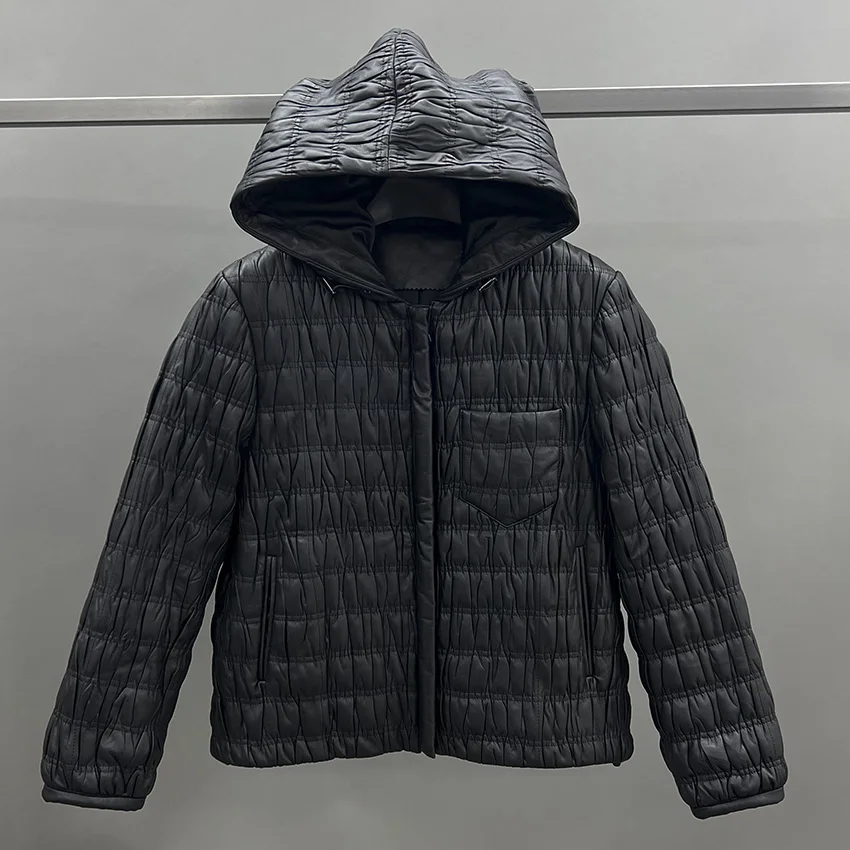 JANEFUR Giacca da donna con cappuccio in vera pelle trapuntata primavera autunno stile corto in pelle di pecora JFB6-25010