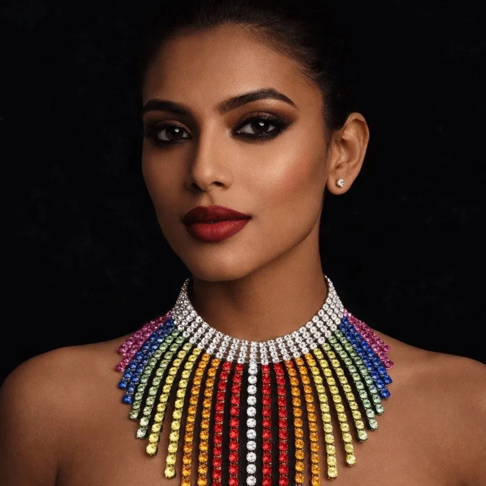 

Luxury Vintage Rainbow Tassel Jewelry Set Elegant Shiny Rhinestone Crystal Necklace Colorful Chain Ear Studs Party