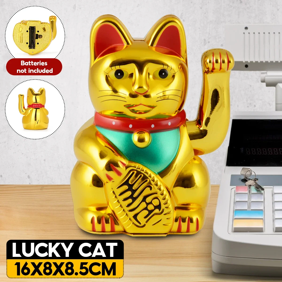 

Classic Chinese Lucky Wealth Electric Wink Cat Gold Waving Cat Beckoning Maneki Powered by AA Battery Feng Shui Crafts