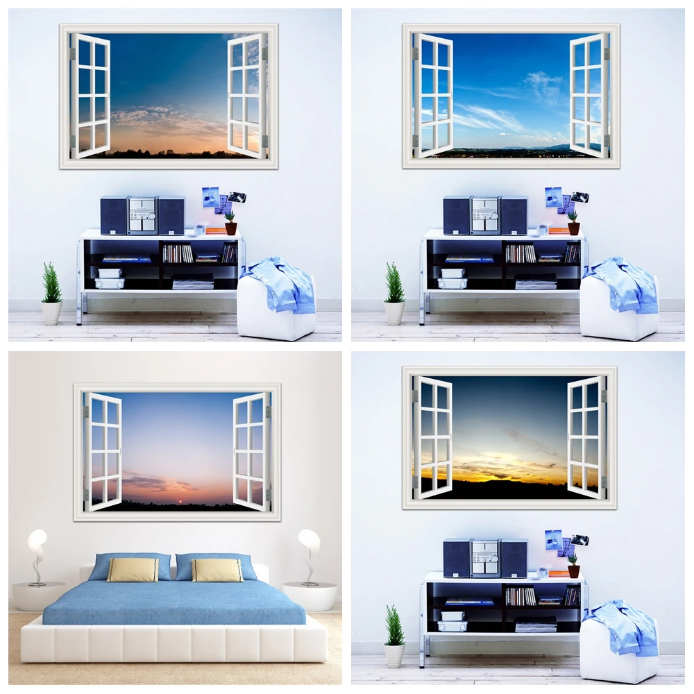 3D Window Scenery Wall Art Stickers, Blue Sky Wallpaper Peel And Stick , Living Room, Office, Hotel Decoration, Vinyl Decal