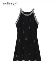 Summer 2024 New Rhinestone Above Knee Dress Fashion Sleeveless Slim Fit Elegant Party Women's Black Mini Dress C-143