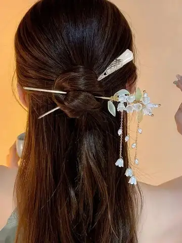 Elegant Chinese Style Hair Accessory Romantic Enameled Flower Tassel Hair Clip Alloy Jewelry Hairpin For Women Fashion Hairpin