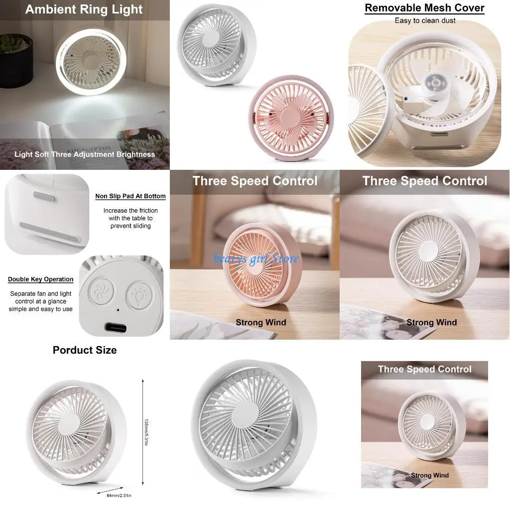 

C7AB 3 Speed Small Camping Tent Fan with 1800mAh Long Battery and LED Light for Outdoor