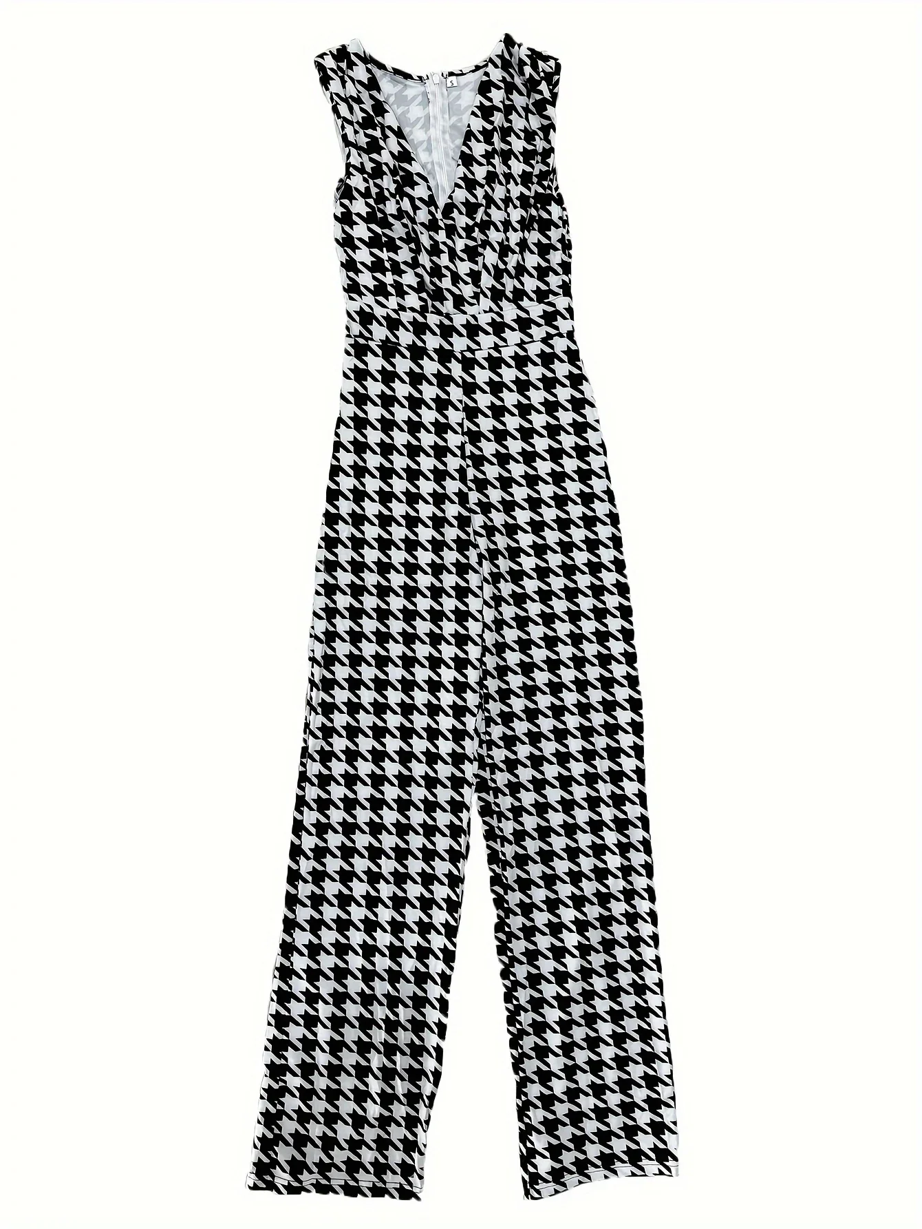 Womens Sexy V-neck Sleeveless Houndstooth High Waist Belted Jumpsuit Clubwear Rompers