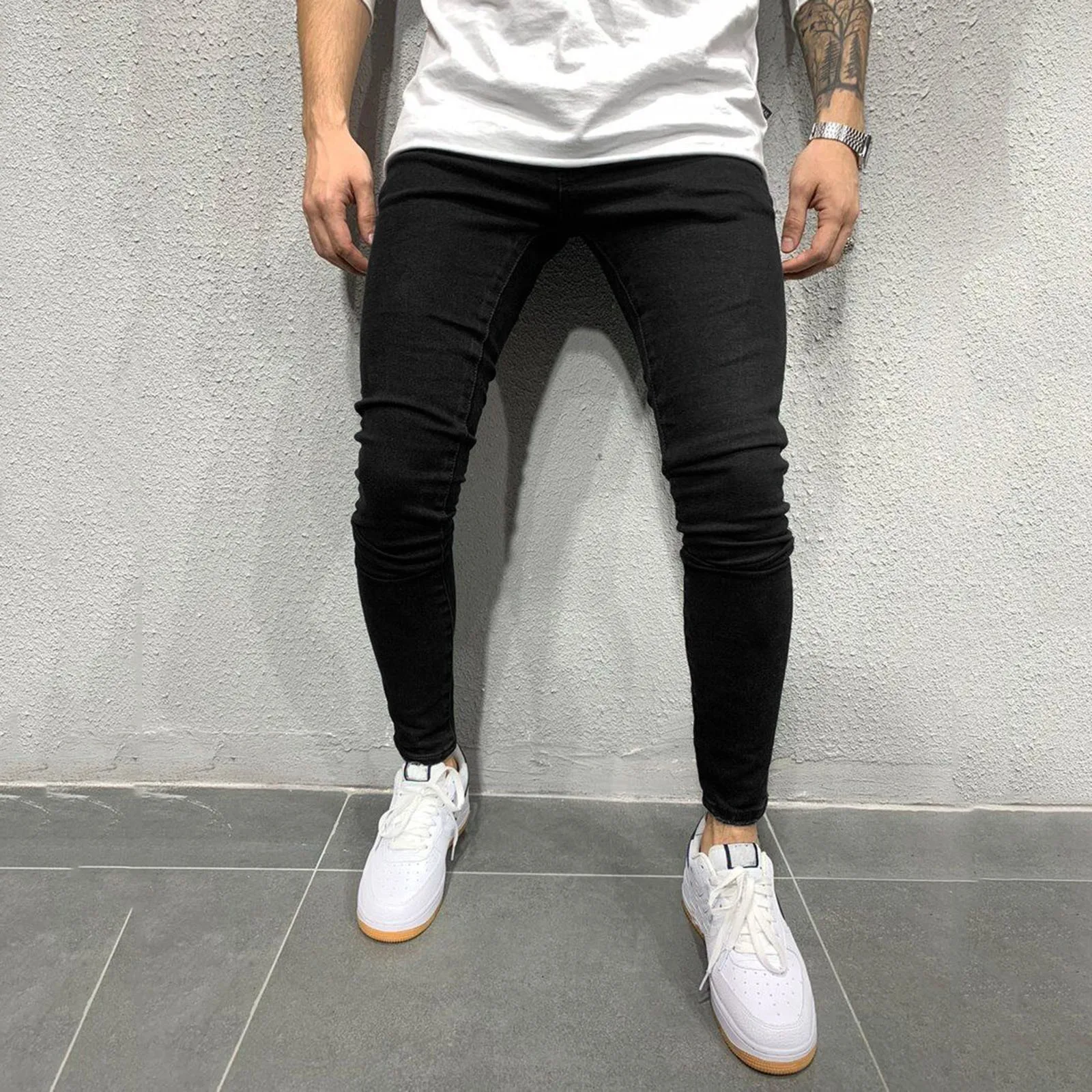 

Mens Classic Skinny Jeans Jogging Trousers Solid Color Double Pocket Compression Denim Pants Outdoor Sports Leisure Streetwear