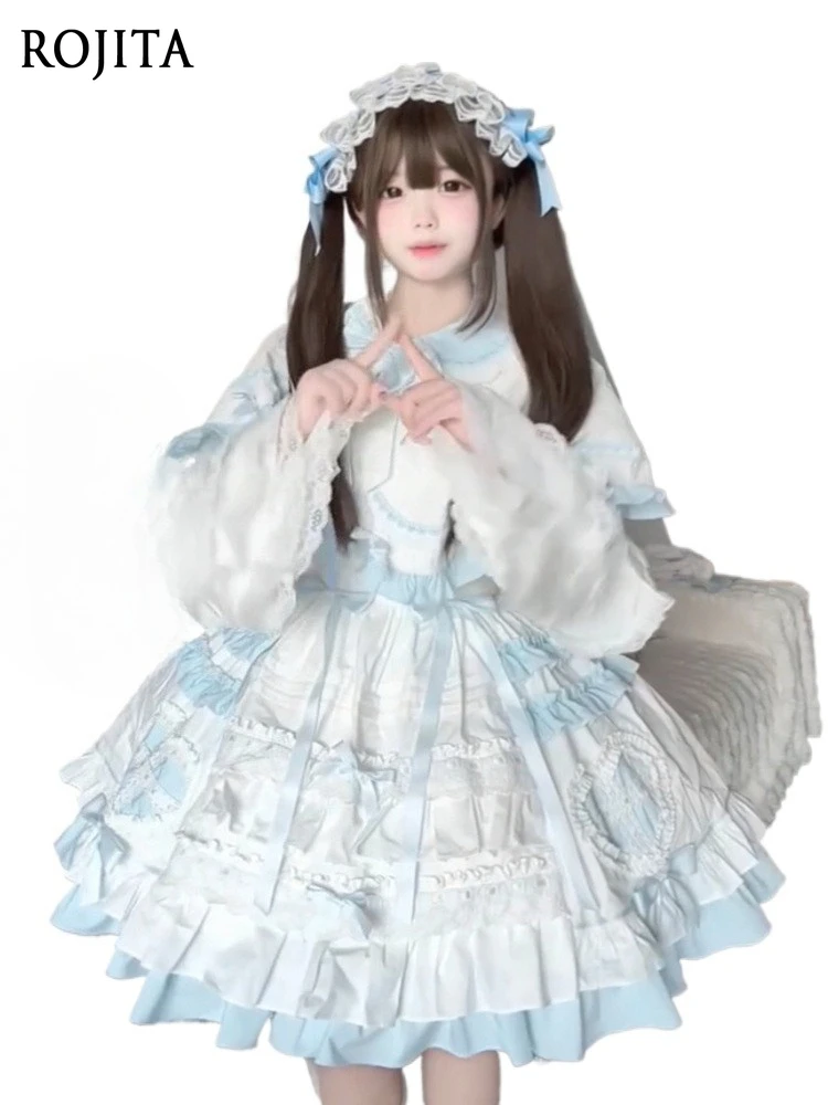 

Soft Girl Style Blue and White Singing Costume Doll Feel Sweet Heart Cloak Cute Sets Blue Lolita Dress for Women Kawaii Dress