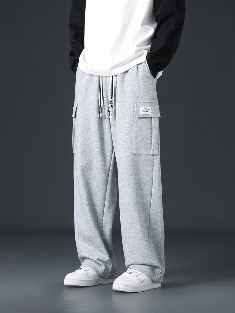 الخريف الرجال فضفاض واسعة الساق السراويل في الهواء الطلق الركض Sweatpants فضفاض مستقيم موضة الكورية بناطيل كاجوال الشارع الشهير أسود رمادي