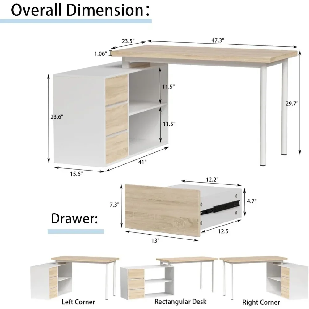 L Shape Computer Desk with 3 Drawers and 2 Shelves, Home Office Desk Corner Small Desk with Storage Cabinet for Writing Study Ex