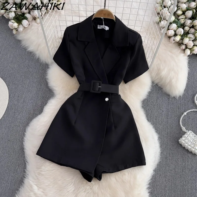 Korean Jumpsuit Women Temperament Turn Down Collar Suit Jumpsuits for Female Solid Bandage Ropa Mujer Office Lady Women Clothes