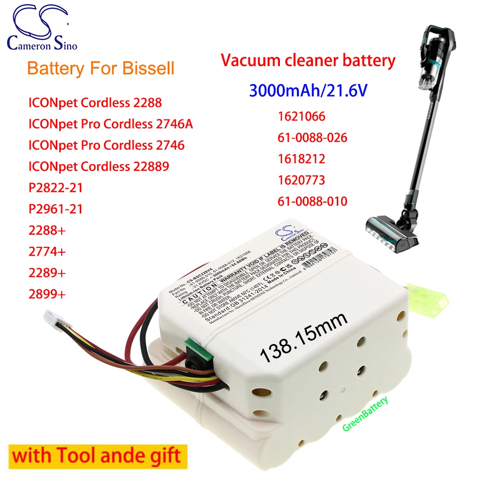 

CameronSino 3000mAh Vacuum Li-ion Battery for Bissell 1621066 61-0088-026 1618212 1620773 61-0088-010 P2822-21 P2961-21 2288+