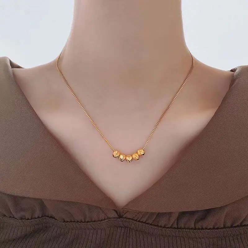 Exquisite Carved Transfer Beads Pendant Necklace For Women Lady Lucky Minimalist Metal Thin Chain Necklace Casual Party Jewelry