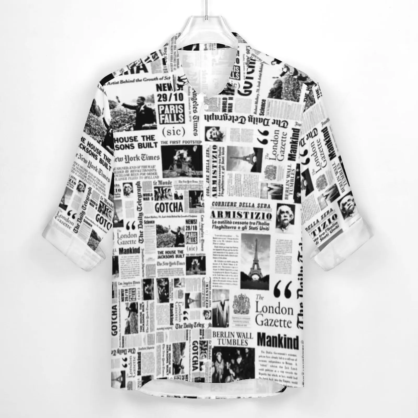 Vintage Newspaper Stylish Casual Shirt Man Black White Shirt Spring Retro Blouses Long Sleeve Custom Oversize Clothes