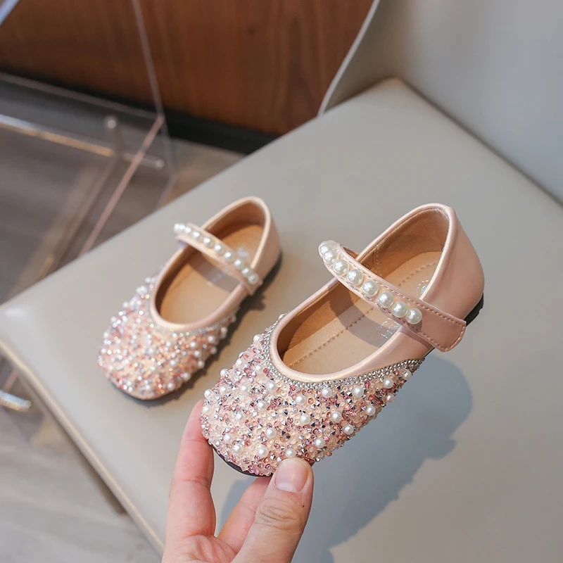 Girl Leather Shoes Mary Jane Luxury Rhinestone Kid Princess Pearl Dress Flat Shoes Fashion Elegant Shallow Children Single Shoes