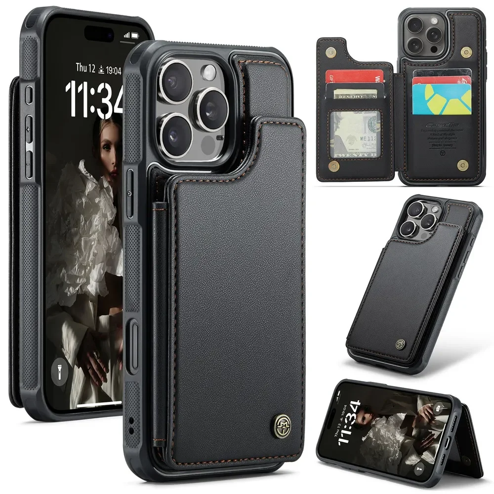 

Light luxury Leather Phone Case For Apple iPhone16Pro Card Holder Shockproof Stand Cover capa