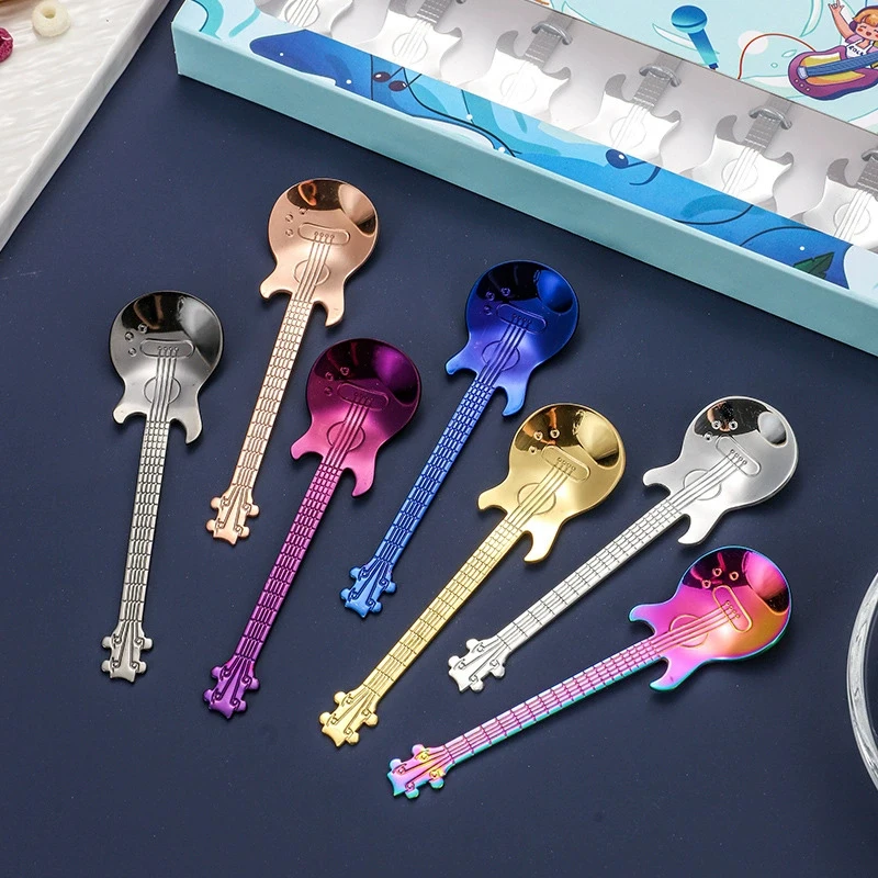 304 Stainless Steel Guitar Coffee Stir Spoon Set Creative Multicolor Musical Shape Teaspoons for Dessert Afternoon Tea Set of 7 view 6