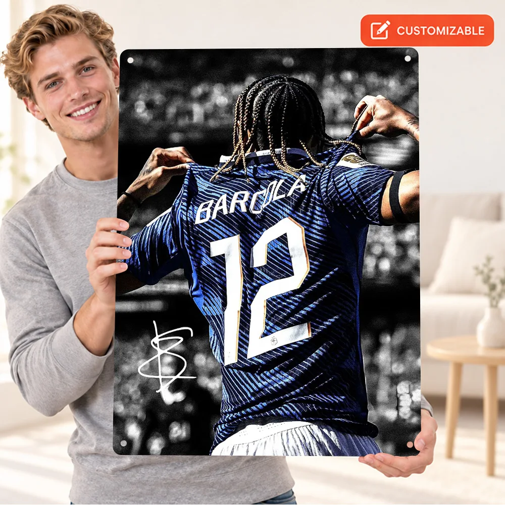 Bradley Barcola France Soccer Jersey Aluminum Poster Personalized Metal Sign Monochrome Photography Wall Art For Home Office