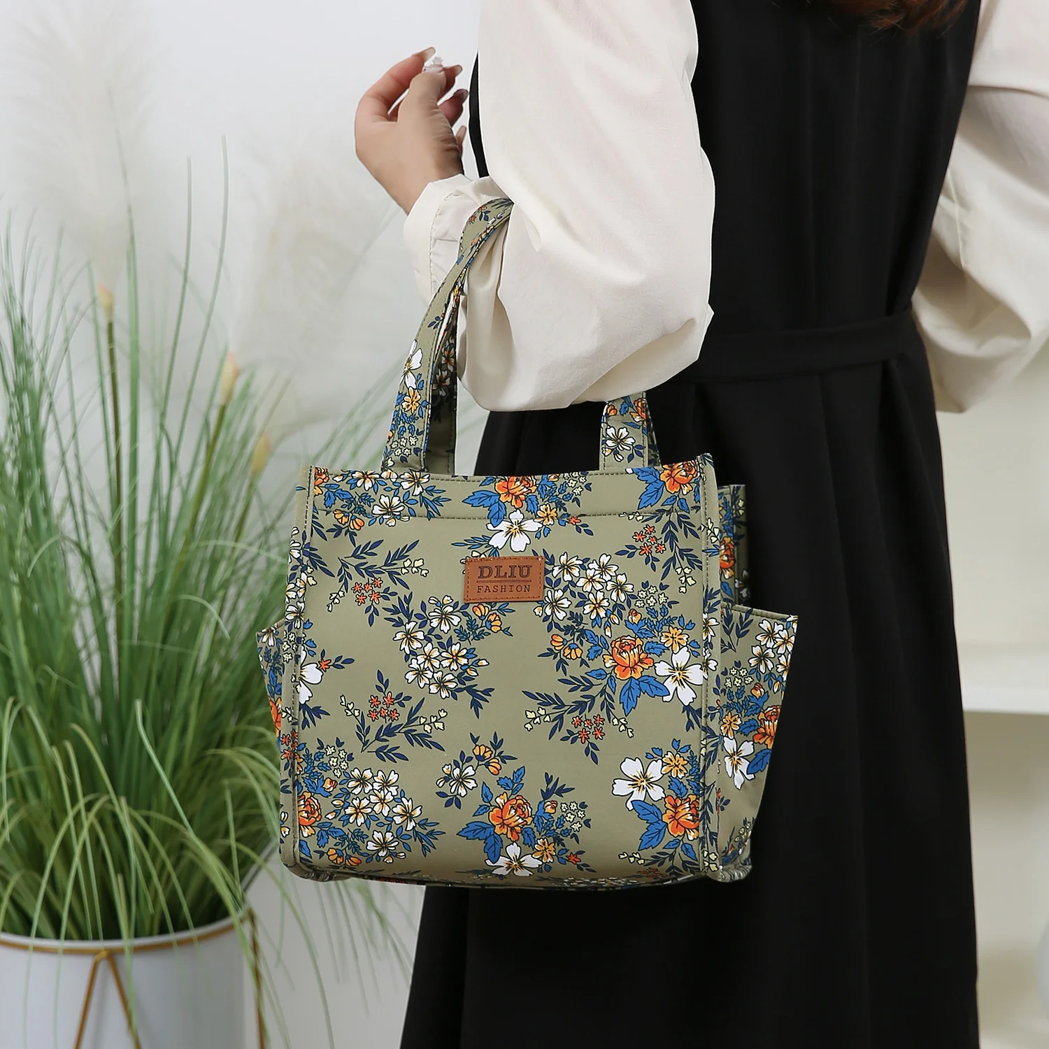 Neue Handtasche aus verdicktem Stoff mit Blumenmuster, Lunch-Tasche, tragbare Lunchbox-Aufbewahrungstasche, Reißverschluss-Design, multifunktionale Tragetasche – Detail 20