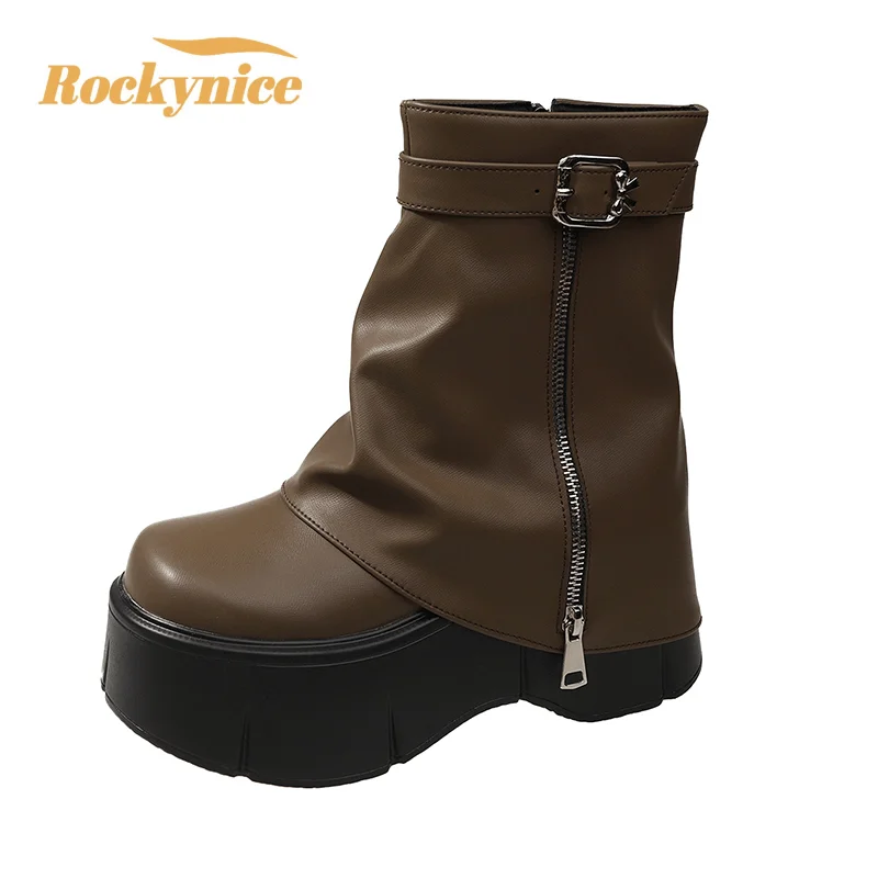 Women's High Platform Motorcycles Boots Winter 8CM Wedge Heels Mid-calf Boots Female Chunky Sneakers Autumn Leather Shoes Woman