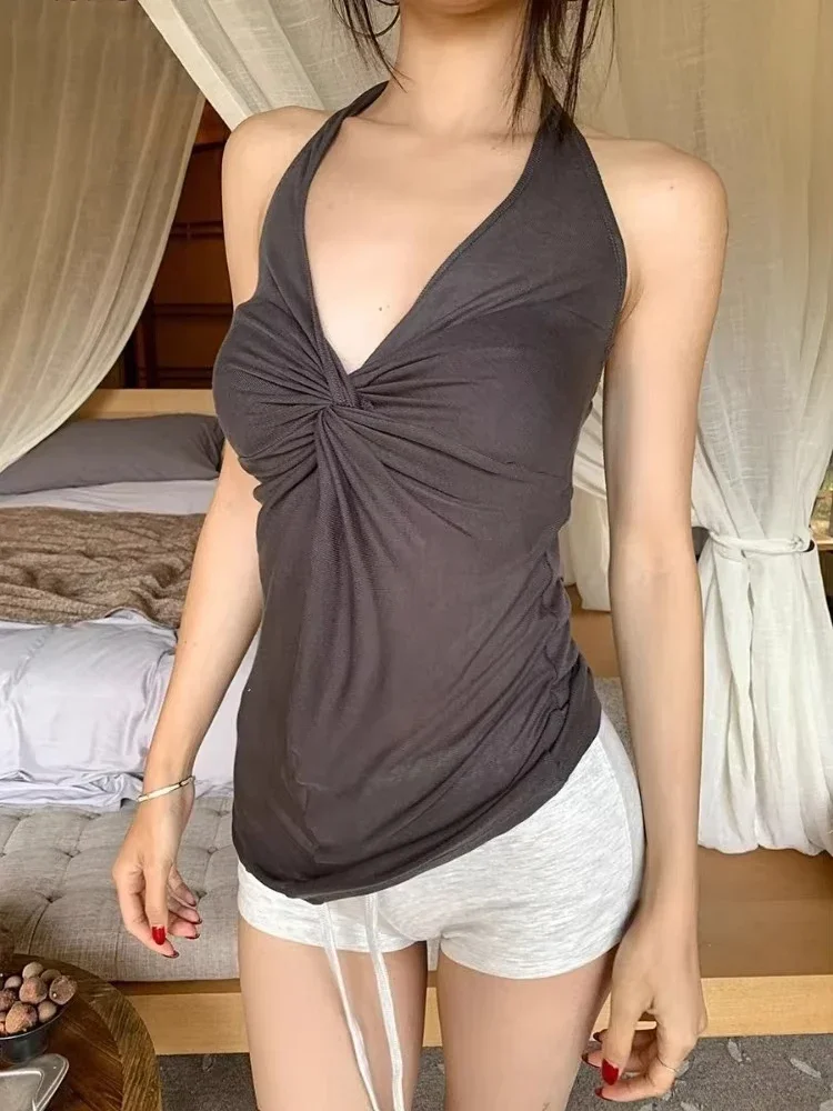 Y2k مثير الرسن عارية الذراعين سترة خمر الملابس النسائية الصليب مطوي الخصر النحيف بروتيل الكورية موضة الصيف كل مباراة الدبابات