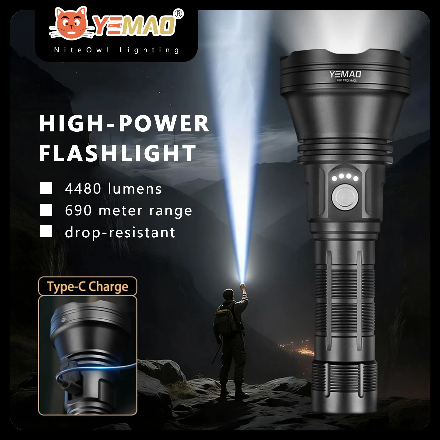 

2840Lumens Super Bright LED Flashlight, 900m Long Throw USB-C Rechargeable Torch, Aluminum Alloy Body For Outdoor & Camping