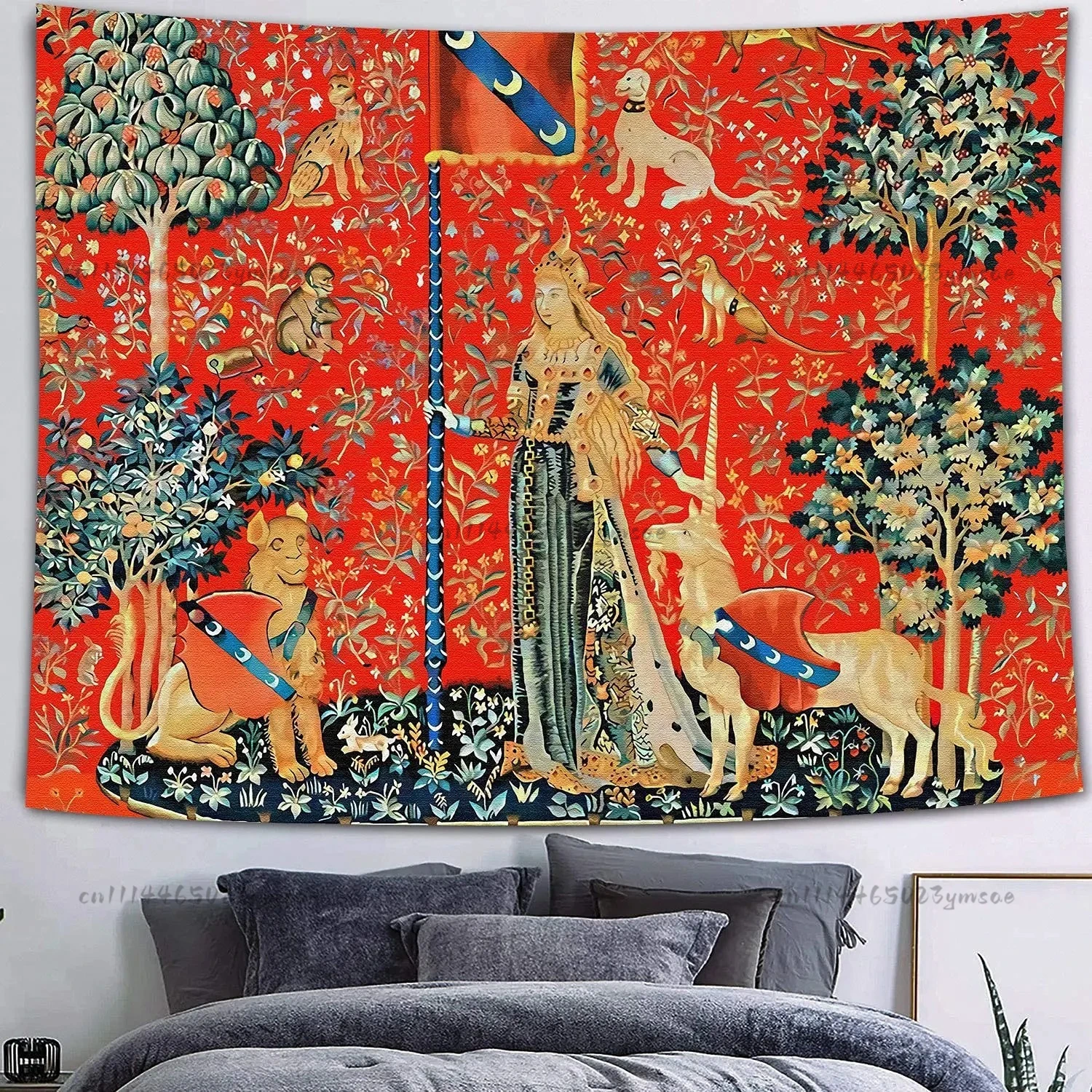 Tapiz medieval vintage para mujer, tapiz europeo de la dama real y el unicornio, tapices rojos, tapiz de pared con diseño de animales, tela decorativa para el hogar