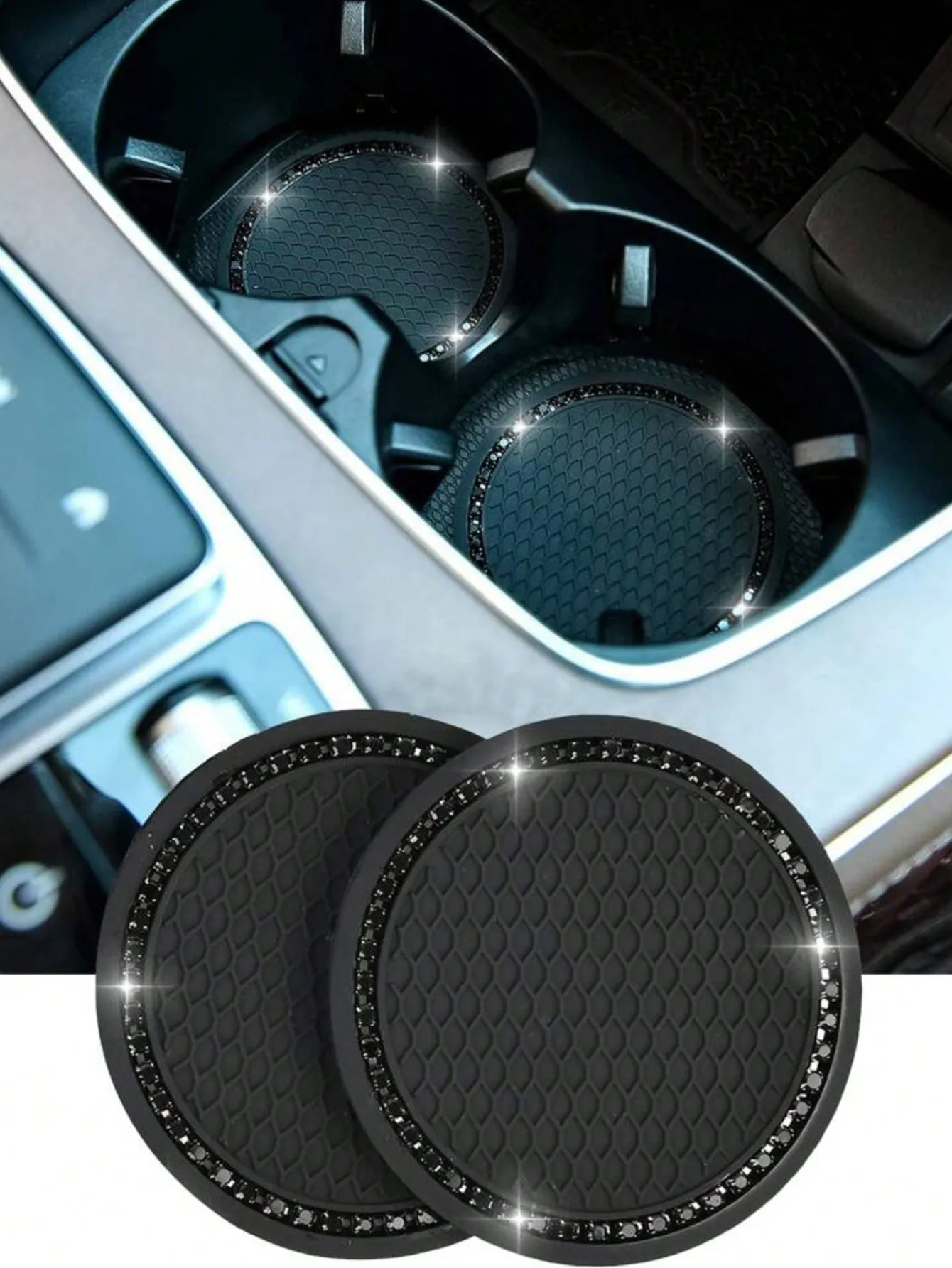 2pcs Car Cup Holder Coaster, Universal Auto Anti Slip Cup Holder Insert Coaster, Bling Crystal Rhinestone Car Silicone Interior