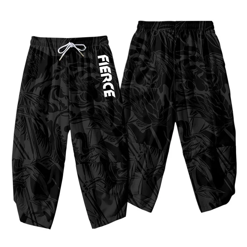 Cartoon Tiger Skeleton Printed Men Japanese Harem Trousers Casual Elastic Waist Kimono Cropped Pants Streetwear