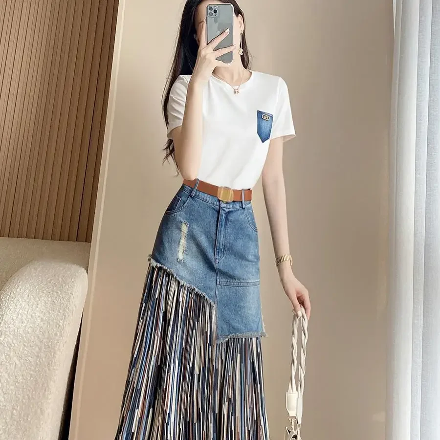 Female Jeans Skirts Midi Patchwork Zipper Long Women\'s Denim Skirt High Waist with Pocket Maxi Korean Fashion Streetwear Casual