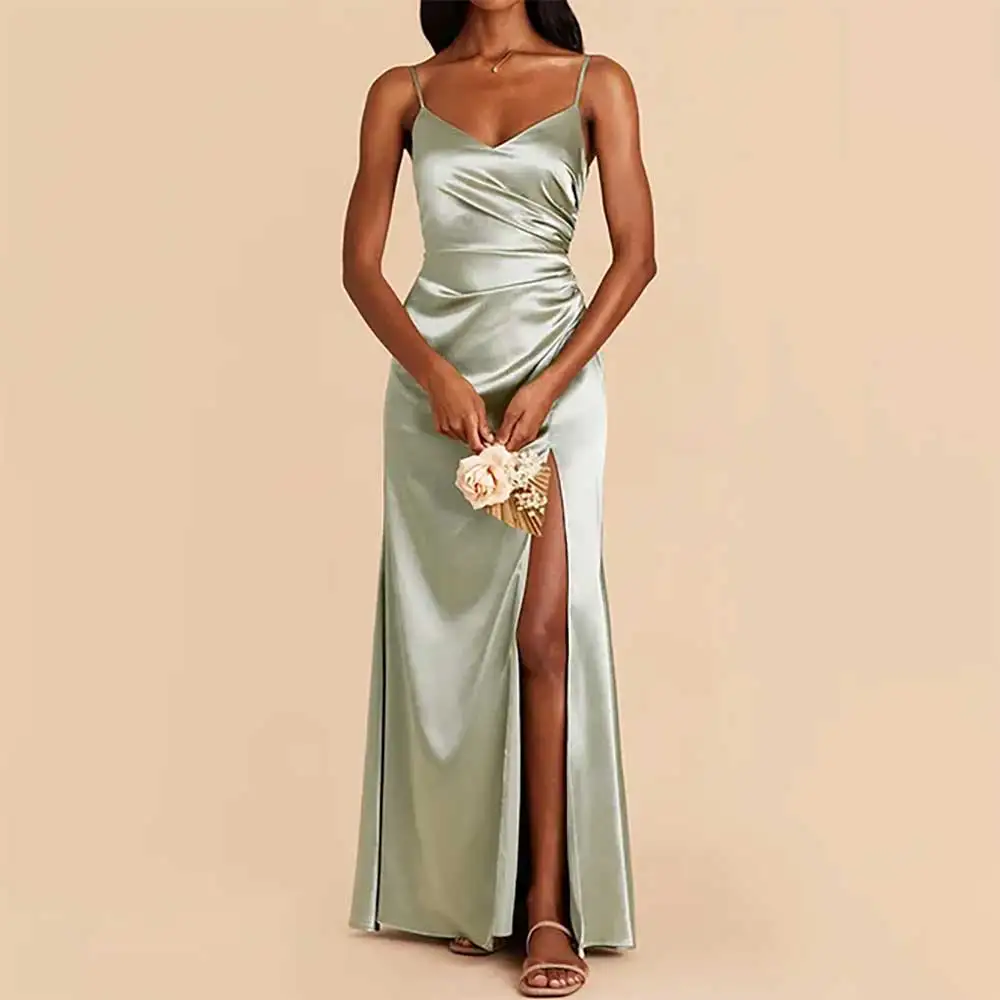 

Elegant Sleeveless Plunging Neckline Pleated Side Slit Evening Dress For Women Prom Dresses Formal Bridesmaid Dress فساتين سهرة