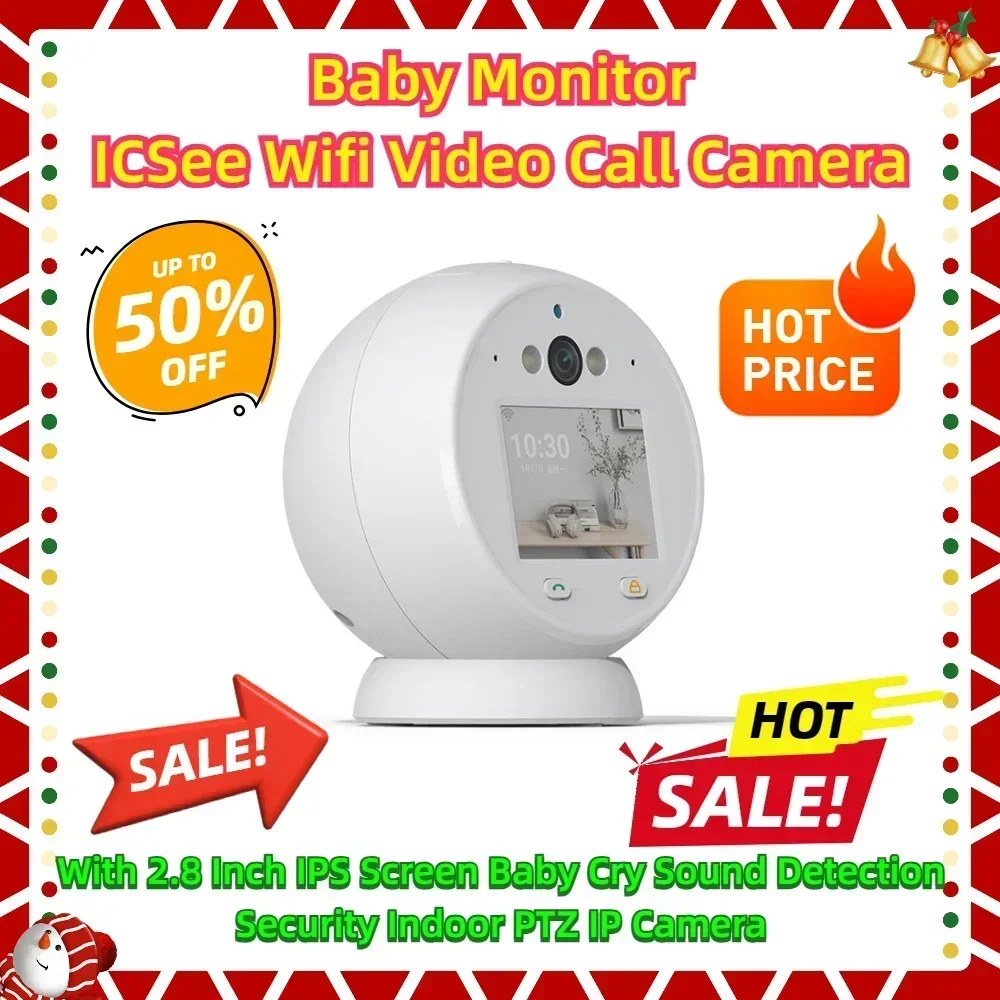 With 2.8 Inch IPS Screen Baby Cry Sound Detection Security Indoor PTZ IP Camera Baby Monitor ICSee Wifi Video Call Camera