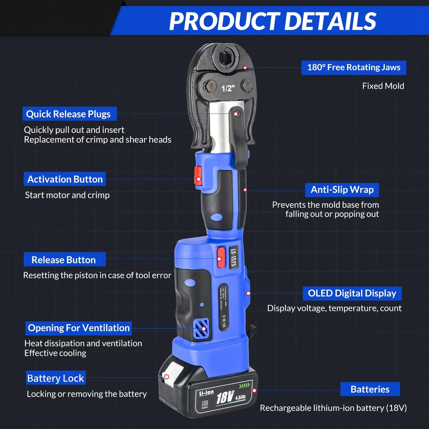 LS-1525 Pipe Crimping Tool Kit Electric Rechargeable Copper Stainless Steel Pipe Fitting Hydraulic Crimper Pliers