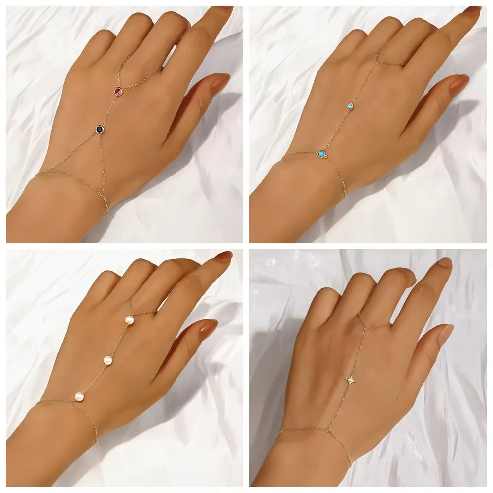 

BOAKO 925 Sterling Silver Octagonal Star/Pearl/Turquoise/Zircon Bracelet With Finger Design Women Hand Accessories Party Jewelry