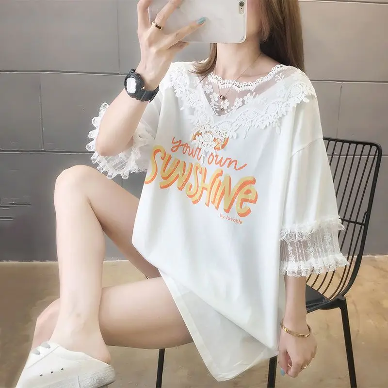 Casual Lace Spliced Loose T-shirt Hollow Out Female Clothing Korean Fashion Letter Printed Summer O-Neck Short Sleeve Pullovers