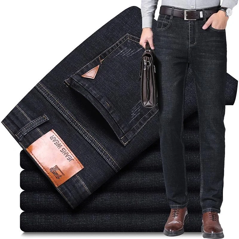 

Men's Classic Jeans Spring and Autumn Stretch Straight Tube Loose Fitting Business Casual Denim Pants Black Blue Trousers