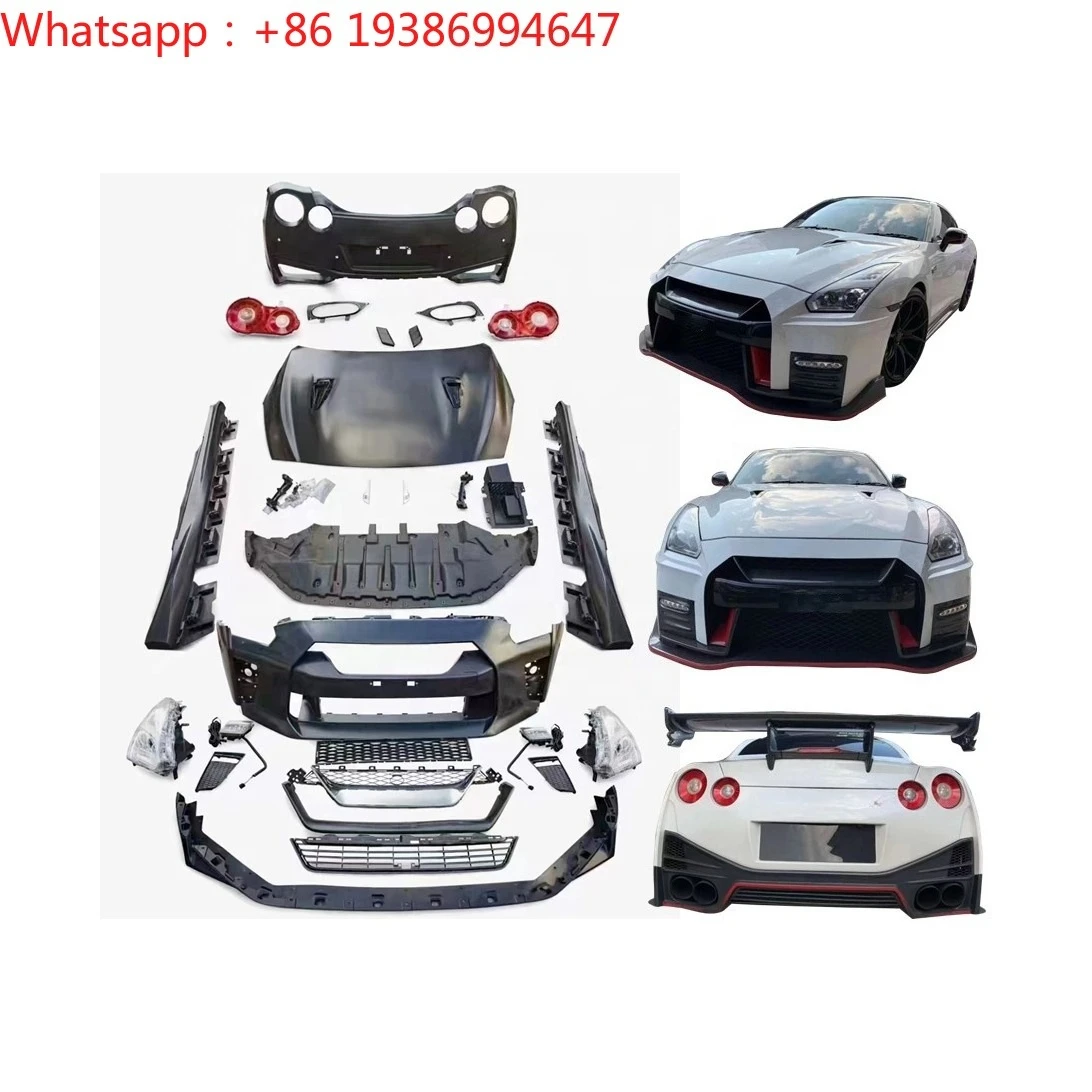 For PP Material Car Modified Bumper Rear Lip Engine Hood LED Headlights Bodykit for Nissan GTR R35 Update to New Style Body Kit