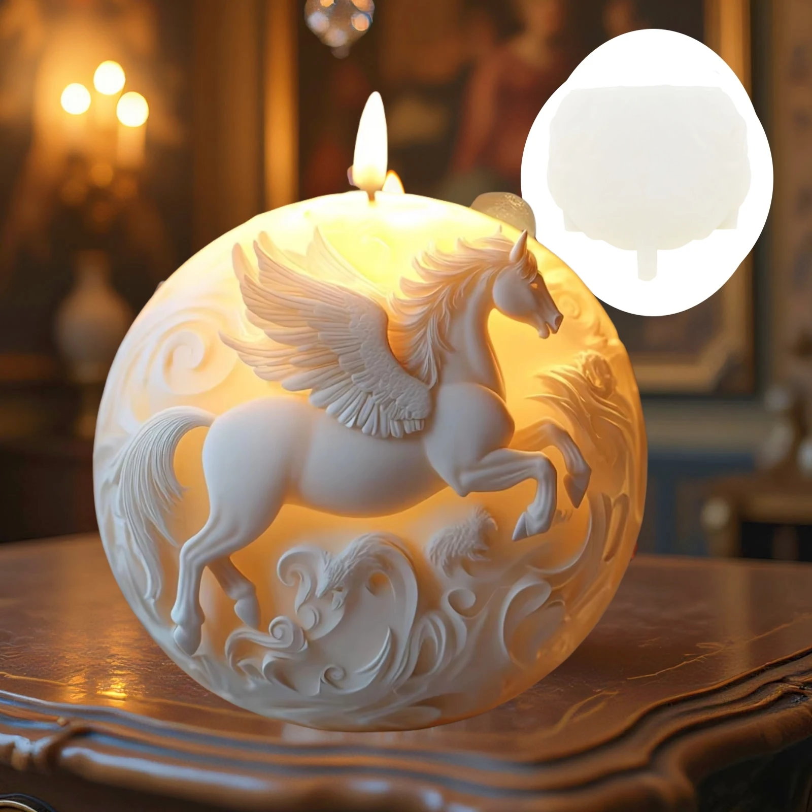 Molde de silicona para vela redonda con relieve de caballo volador alado, molde de vela con bola de alivio de caballo volador de Ángel, molde de resina para yeso