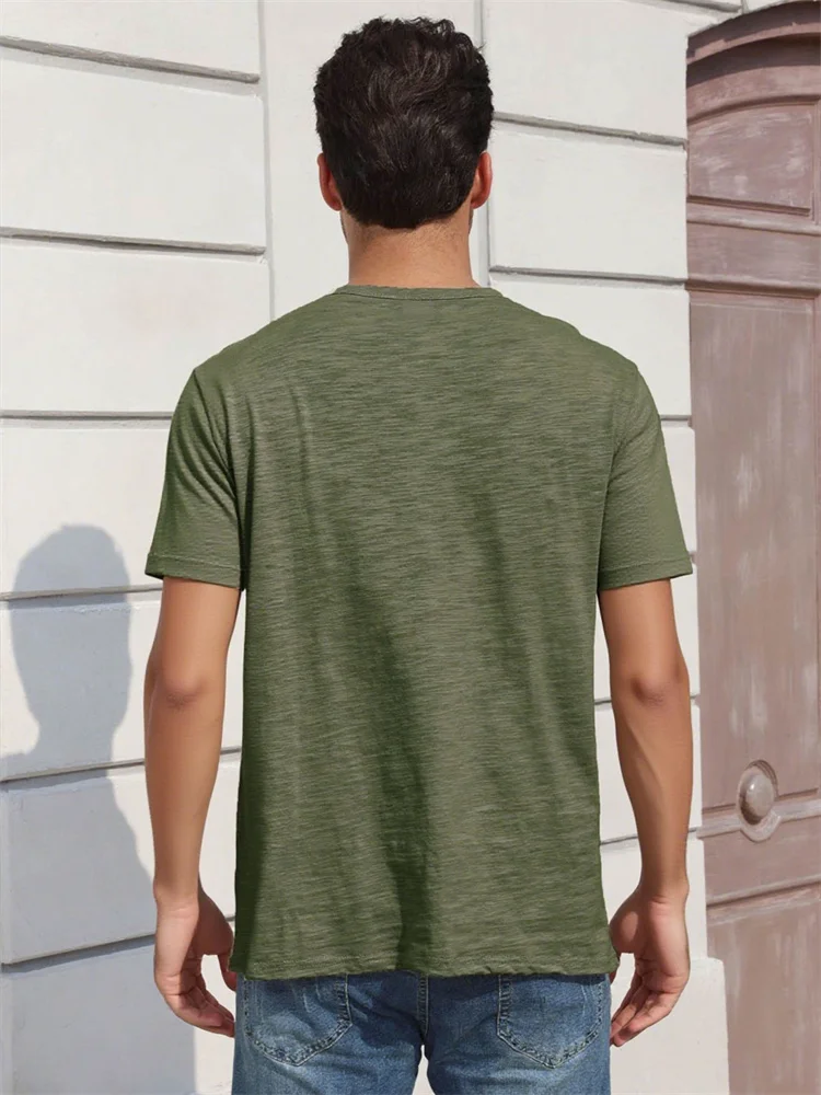 Herren-Baumwoll-T-Shirt, modisches Knopf-Design, atmungsaktiv, einfarbig, kurzärmelig, Henley-Ausschnitt, Tops, schmale Passform, gemütliche männliche Freizeit-T-Shirts – Detail 8
