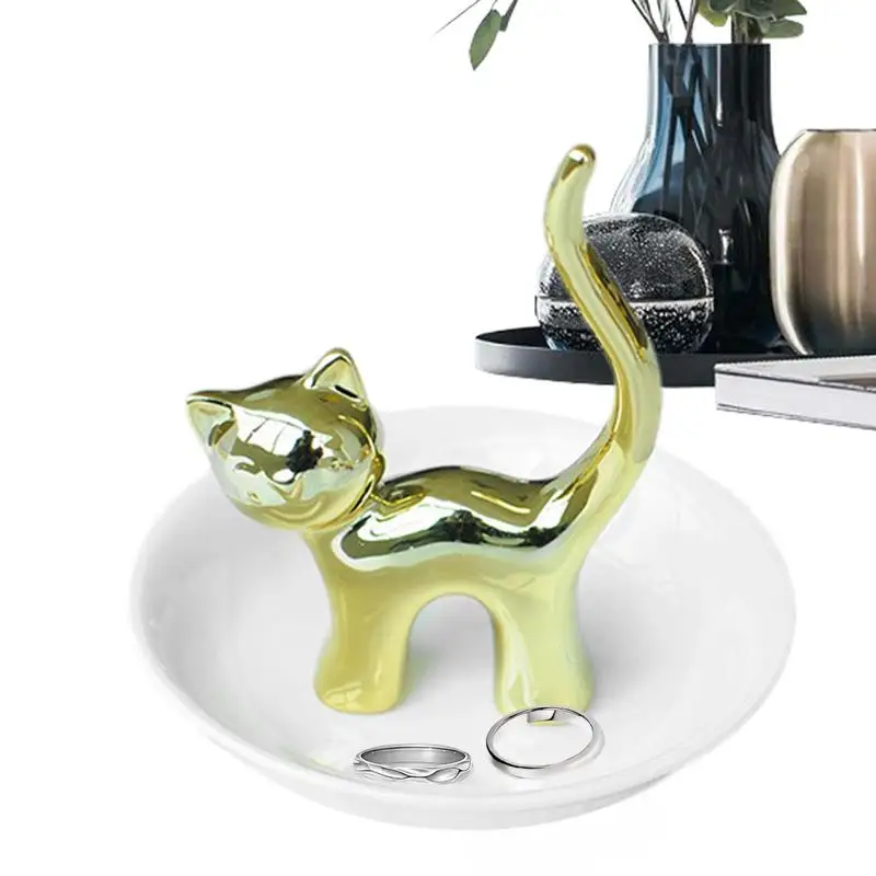 Soporte para anillos de gato, juego de 3 anillos de boda para gatos, emparejamiento, almacenamiento de joyas, soporte de joyería de cerámica para el día de la madre, bandeja para baratijas de animales