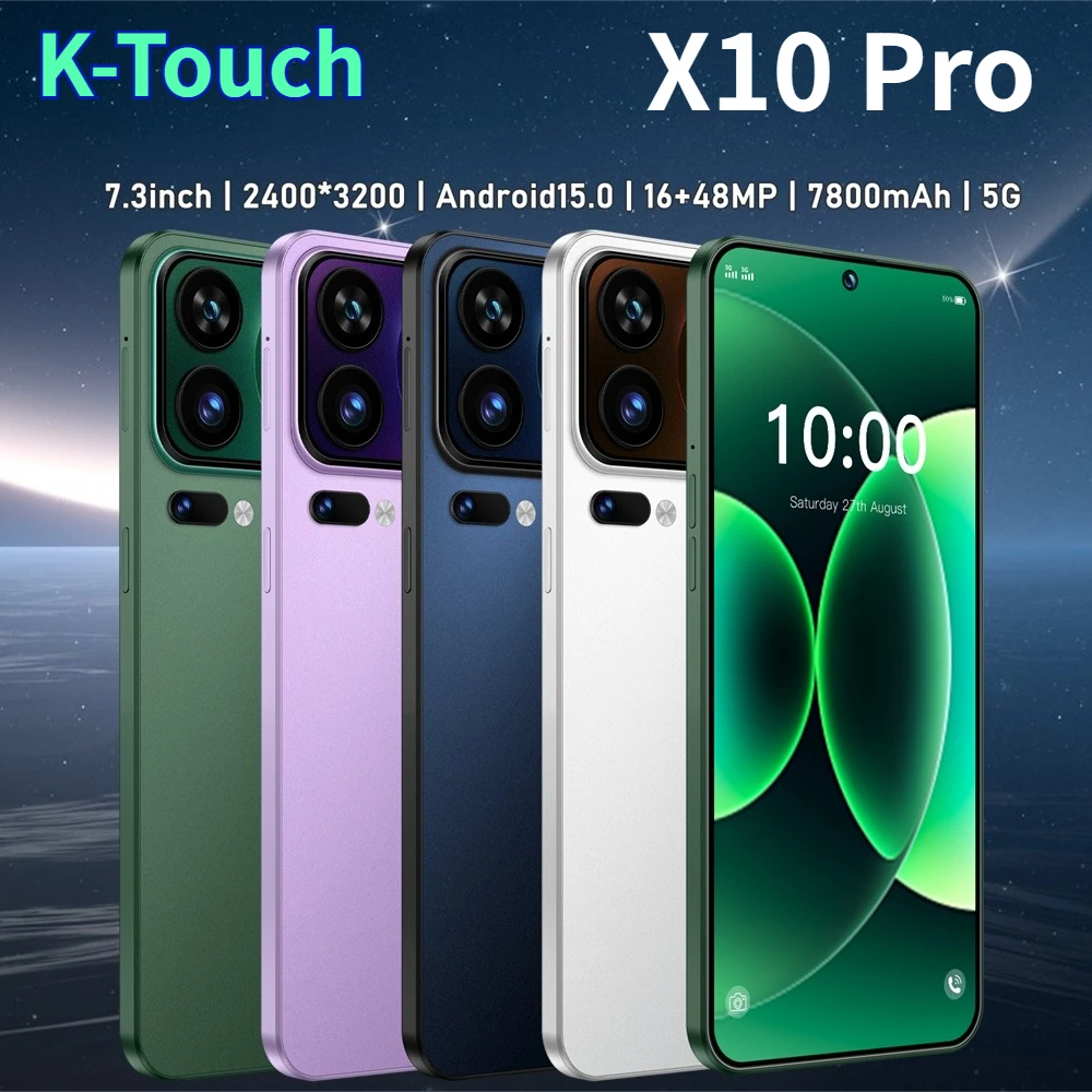 Telefony komórkowe K-Touch X10 Pro, smartfon z systemem Android 15, 5G, ekran HD 7,3 cala, 22 GB RAM, 2 TB pamięci, bateria 7800 mAh, procesor Octa Core, odblokowany, Dual SIM, aparat 48 MP.