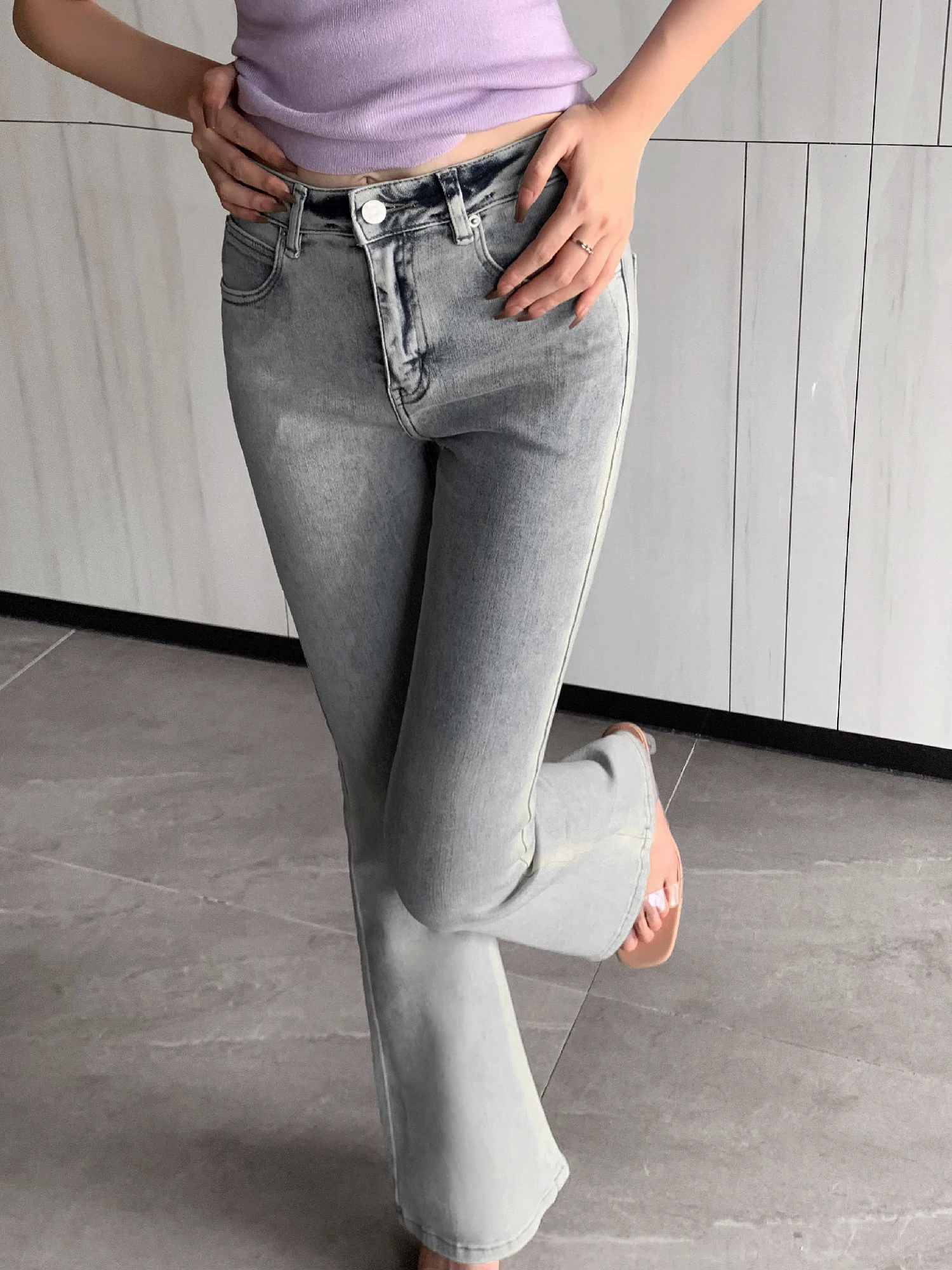 BLUE-GRAY PANTS JEANS FOR WOMEN Y2K WASH HIGH-WAISTED SKINNY FLARED JEANS-FORGUNROSES