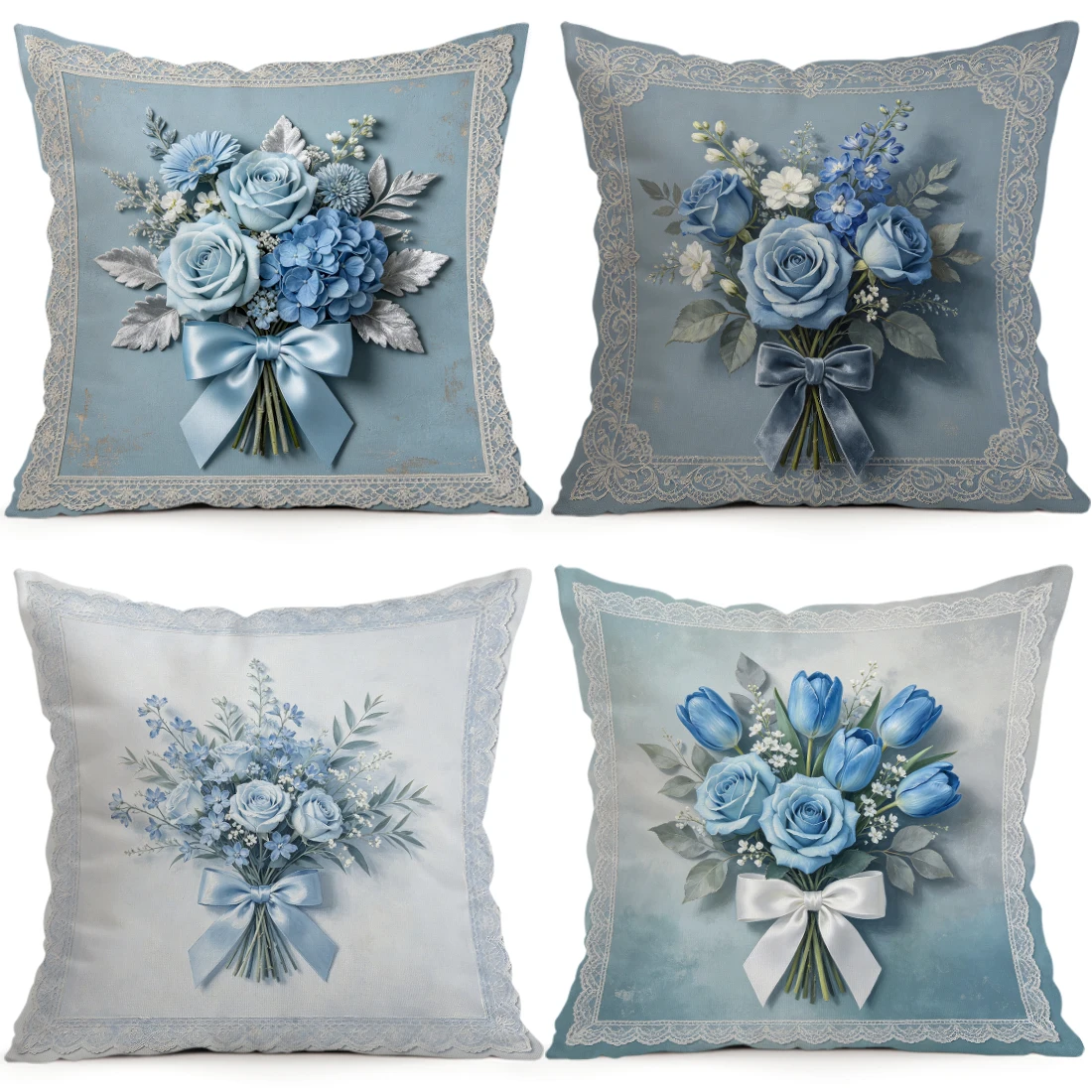 Blue Grey Lace Flower Pillowcase Printed Polyester 40/45/50cm Throw Pillowcover Decorative Sofa Cushion Pillowslip Home Decor