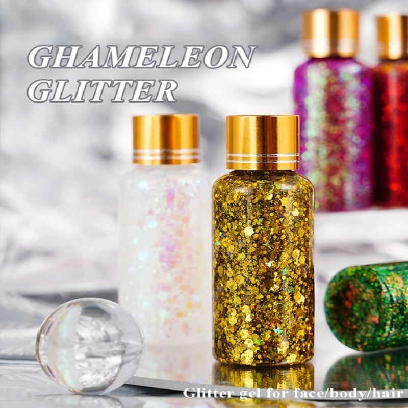 Żel z brokatem kameleonowym, efekt łusek syreny, multichromowy połysk do twarzy, ciała, ust, makijaż na festiwale i imprezy, formuła na bazie wody.