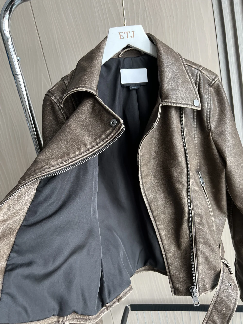 Faux leather biker jacket 2024 traf New vintage faux old craft Handyman style pu leather zipper leather coat for ladies