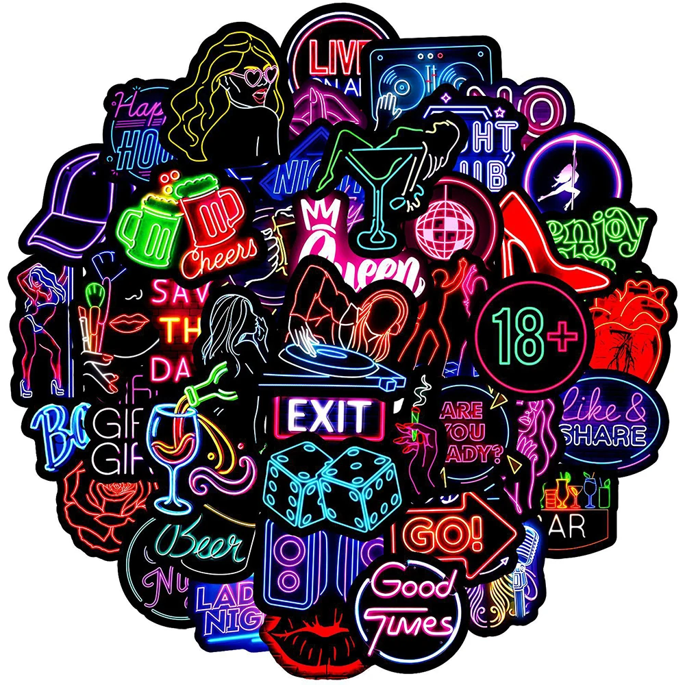 

10/30/50pcs Nightclub Party Neon Light Stickers Waterproof Graffiti DIY Phone Case Laptop Luggage Car Cartoon Decals Decoration