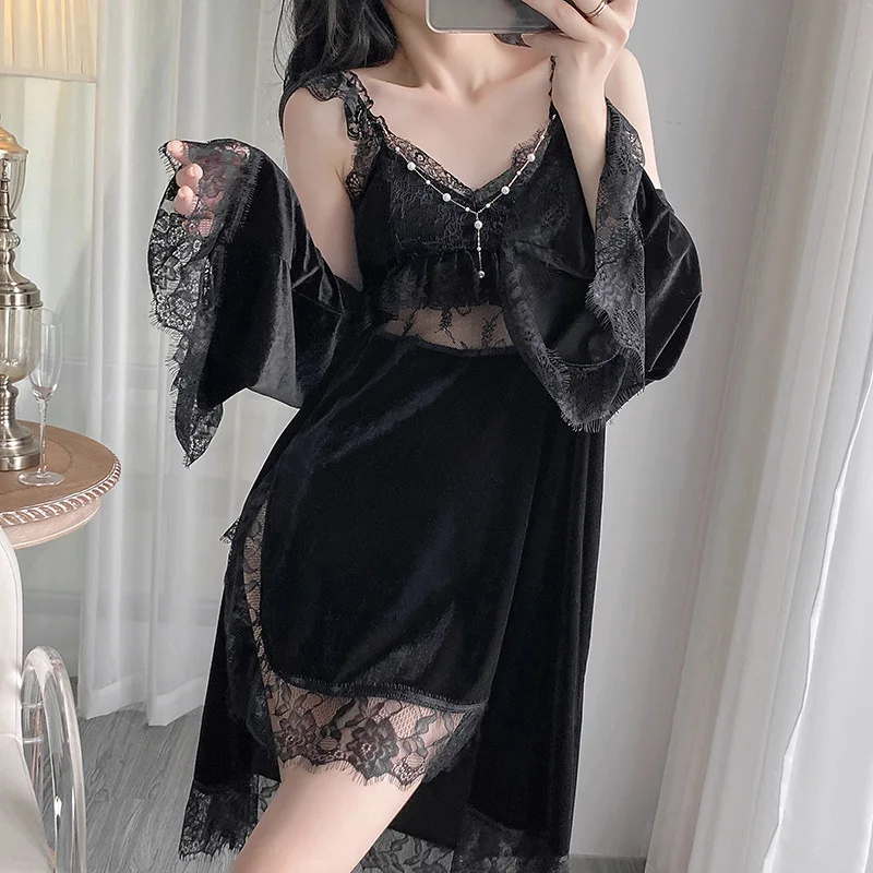 Black Lace Robe Suit Women 2PC Velour Bathrobe Gown Nightgown Set Nightdress Lingerie Autumn Velvet Kimono Sleepwear Loungewear