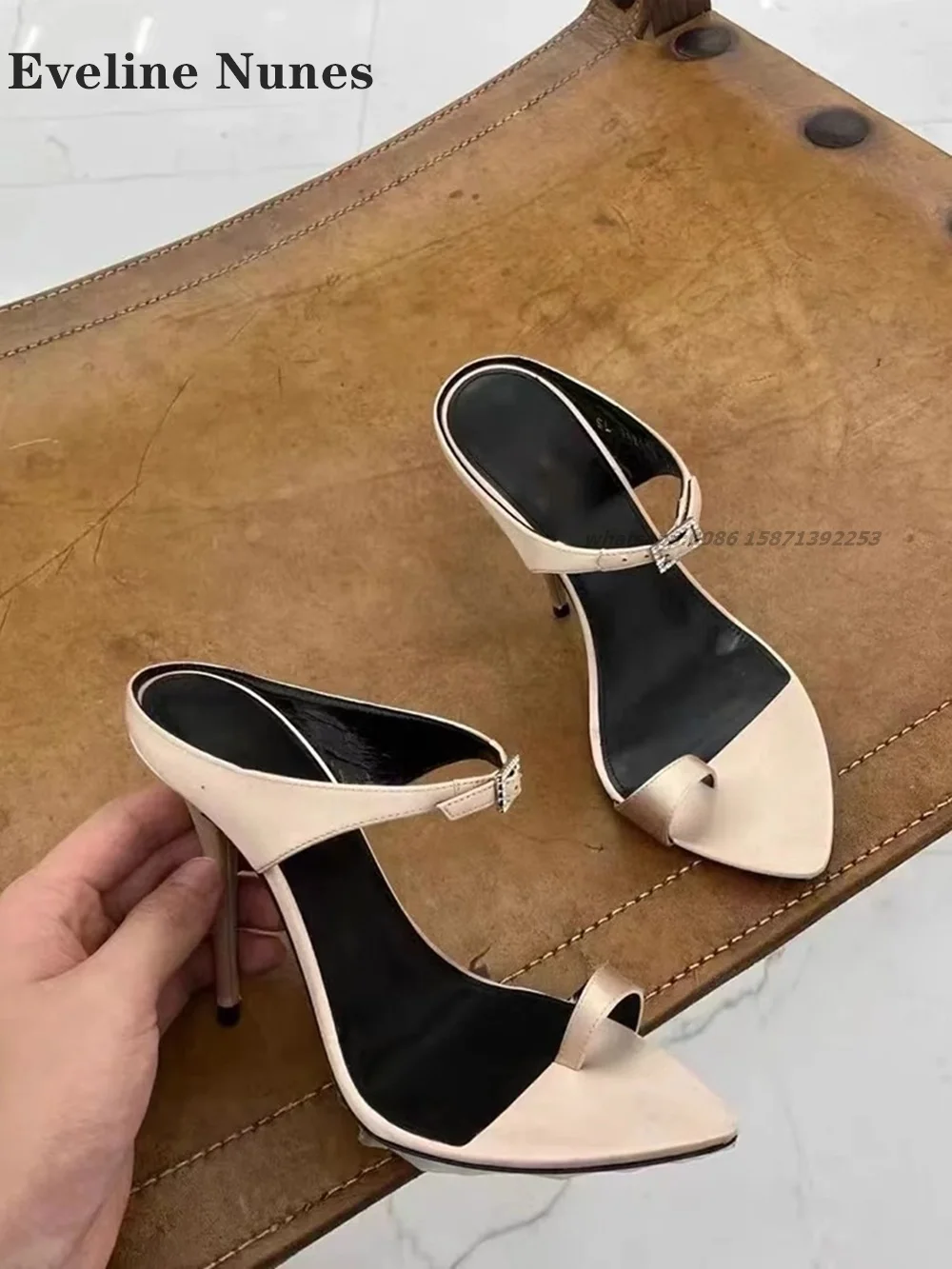 Clip Toe Straight Strap Slides Rhinestone Buckle Strap Slip On Women\'s Sandals Side Air Slingback Elegant Woman Heeled Shoes