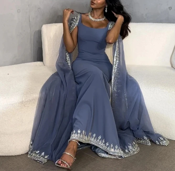 فساتين سهرة زرقاء رائعة مخصصة فاخرة كريستال ذيل السمكة دبي مساء كحلي كم أنيق المرأة العربية حفلة موسيقية شخصية