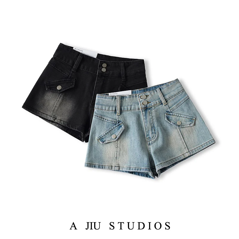 

Американские джинсовые брюки с талией в стиле ретро, женские летние утягивающие повседневные шорты с высокой талией, прямые брюки на молнии